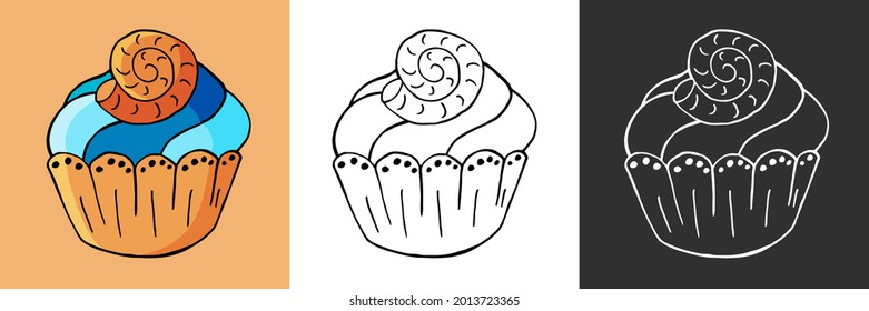 Cupcake, Muffin-Symbole in der Hand zeichnen Stil. Symbolsatz. Süßgebäck, süßes mehrfarbiges Set