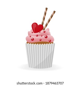 Cupcake, muffin on an isolated white background. Valentine's Day. Vector illustration.