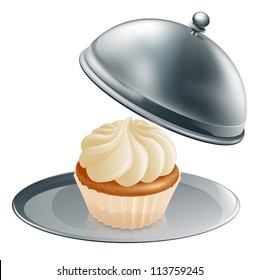 A cupcake or muffin on a silver platter, concept could be for gourmet baking or a special treat during a diet.