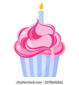 Cupcake or muffin with pink cream and candle. Healthy sweets without sugar