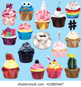 Cupcake and muffin set of 15 different colorful low poly designs isolated on light blue background.