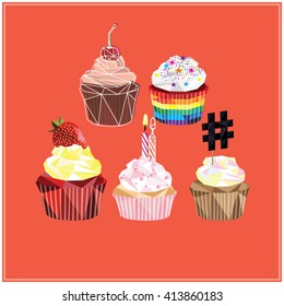 Cupcake and muffin set colorful low poly designs isolated on red background with light outlines. Polygonal card design.