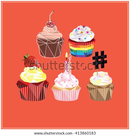 Cupcake and muffin set colorful low poly designs isolated on red background with light outlines. Polygonal card design.