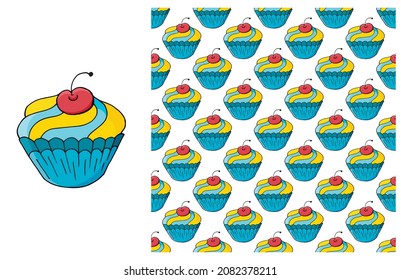 Cupcake, muffin. Set of element and seamless pattern