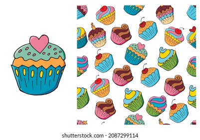 Cupcake, muffin. Set of element and seamless pattern