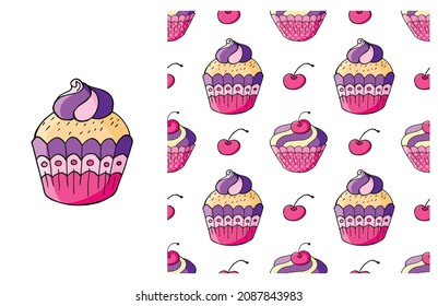 Cupcake, muffin. Set of element and seamless pattern