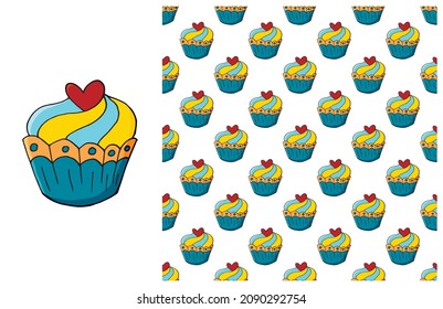 Cupcake, muffin. Set of element and seamless pattern