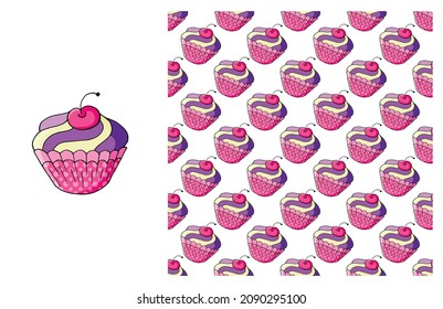 Cupcake, muffin. Set of element and seamless pattern