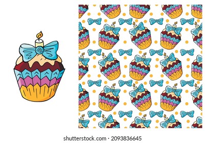 Cupcake, muffin. Set of element and seamless pattern