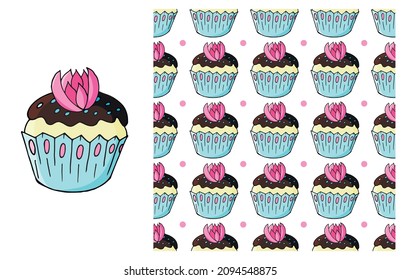 Cupcake, muffin. Set of element and seamless pattern