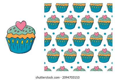 Cupcake, muffin. Set of element and seamless pattern