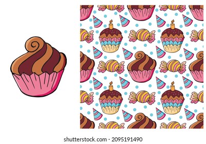 Cupcake, muffin. Set of element and seamless pattern