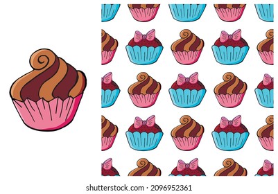 Cupcake, muffin. Set of element and seamless pattern