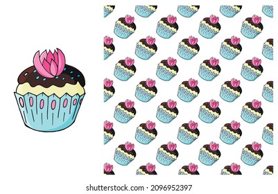 Cupcake, muffin. Set of element and seamless pattern