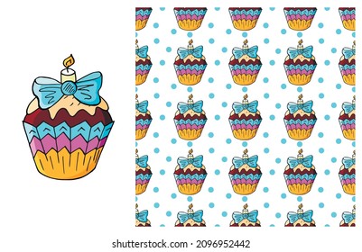 Cupcake, muffin. Set of element and seamless pattern