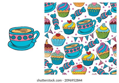 Cupcake, muffin. Set of element and seamless pattern