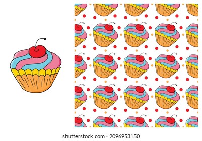 Cupcake, muffin. Set of element and seamless pattern