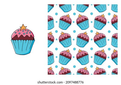 Cupcake, muffin. Set of element and seamless pattern