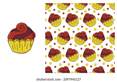 Cupcake, muffin. Set of element and seamless pattern