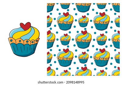 Cupcake, muffin. Set of element and seamless pattern