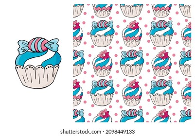 Cupcake, muffin. Set of element and seamless pattern