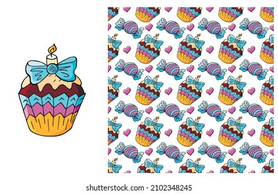 Cupcake, muffin. Set of element and seamless pattern