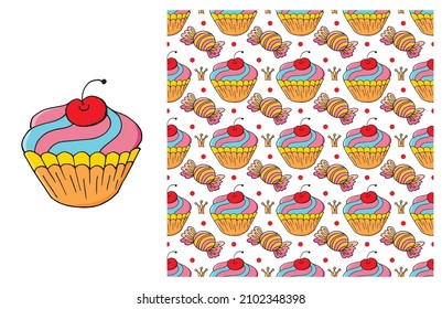 Cupcake, muffin. Set of element and seamless pattern