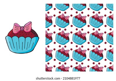Cupcake, muffin. Set of element and seamless pattern