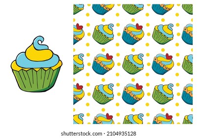 Cupcake, muffin. Set of element and seamless pattern