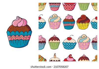 Cupcake, muffin. Set of element and seamless pattern