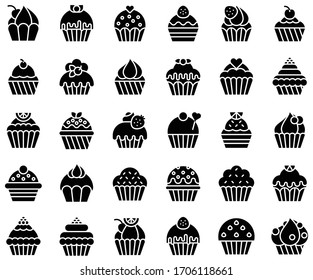 Cupcake oder Muffin-Vektorillustration-Set, feste Stilsymbol