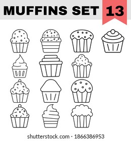 Cupcake Or Muffins Icon Set In Black Line Art.