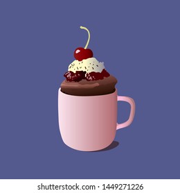 Cupcake in a mug with chocolate, cream and cherry. Color vector illustration in kartoon style.