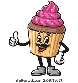 Cupcake with mustache,  Cartoon Character Mascot Illustration Vector Clip-art Hand-drawn Logo Design