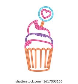 cupcake in neon light on white background vector illustration design