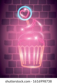 cupcake in neon light, valentine day vector illustration design