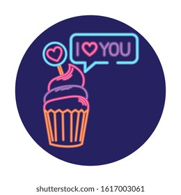 cupcake in neon light, valentine day vector illustration design