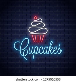 cupcake neon logo on wall vector background