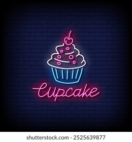 cupcake neon sign vector with brick wall background 