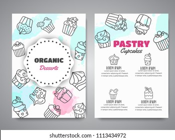 Cupcake newsletter with handdrawn cupcakes and pink splashes. Sweet pastry slogan for cafe. Bakery Desserts collection Vector