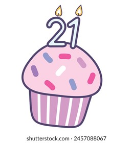 cupcake with number 21 burning candles , colorful design elements best for happy birthday and happy anniversary celebration