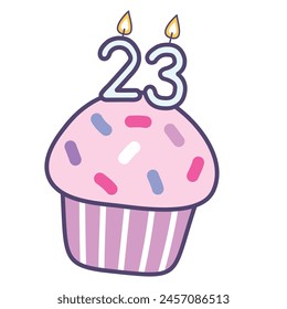 cupcake with number 23 burning candles , colorful design elements best for happy birthday and happy anniversary celebration