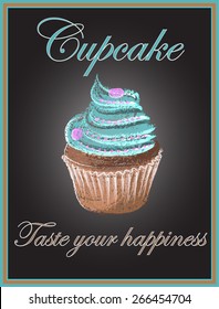 Cupcake on chalkboard background, vector, illustration