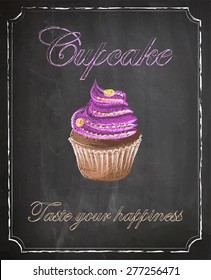 Cupcake on chalkboard background, vector, illustration, hand drawn