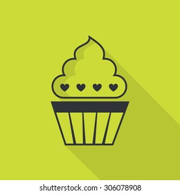 Cupcake on green background. Flat icon with long shadow. Vector illustration.