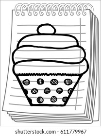 Cupcake on notebook background. Free hand drawn. Vector illustration.