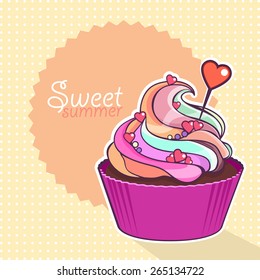 Cupcake on orange background  with white dots. Sweet summer. Vector. Retro style. Can be used for greeting cards,  invitations for wedding, birthday and party or menu and logo. Can write your text.