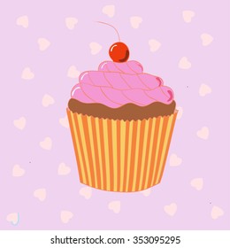 Cupcake on pink hearts background