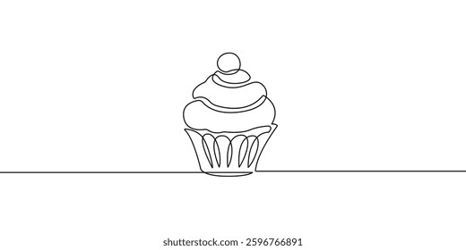Cupcake One Line Vector Illustration. Line Art Cupcake for Food Design. Trendy Linear Sketch of Outline Monochrome Isolated Cake Art on White Background. Not AI
