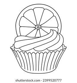 Cupcake with orange slice. Cupcake flat icon. Delicious birthday cupcake and wedding muffin vector collection isolated on white background. line art. 